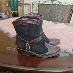 Brighton Boots Short Cowboy Western Brown Croc Leather Black Suede